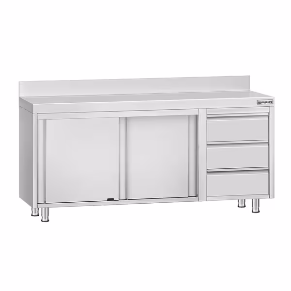 خزانة قاعدية ستانلس ستيل KOPENHAGEN ECO - 1800x600mm - مع وحدة أدراج 3 يمين، و2 أبواب مفصلية & مع حاجز خلفي
