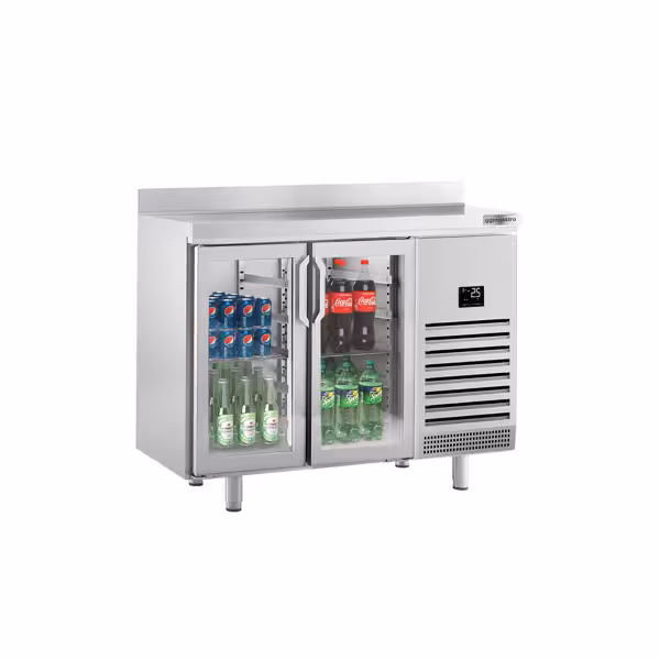 Stół chłodniczy barowy do napojów Premium PLUS – 1468 x 700 mm – z 2 drzwiami szklanymi i rantem