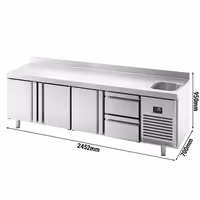 Mostrador refrigerado PREMIUM PLUS - 2452x700mm - de trabajo con fregadero - con 3 puertas y 2 cajones - encimera con alzatina - 630 l