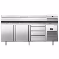 طاولة تحضير بيتزا مبردة PREMIUM PLUS - 1980x700 mm - مع بابان و 3 أدراج - سطح عمل جرانيت - شامل وحدة تبريد علوية - 9x GN 1/4