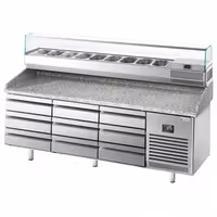 Pizzapult PREMIUM PLUS - 1980x700 mm - feltéthűtővel - 9x GN 1/4 - gránit munkalappal