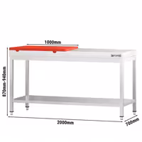 Nerūsējošā tērauda darba galds PREMIUM - 2000x700 mm - ar apakšējo plauktu - iekļauts GN 1/2 griešanas dēlis sarkans
