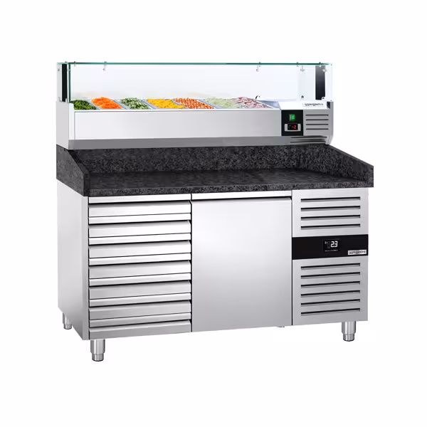 Stół chłodniczy do pizzy PREMIUM - 1500x800mm - z blatem granitowym - 1‑drzwiowy, 7 szuflad - z nadstawką chłodniczą z osłoną szklaną z oświetleniem LED - 7x GN 1/4
