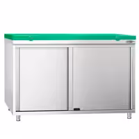 Arbetskåp i rostfritt stål PREMIUM - 1200x600 mm - med 2 skjutdörrar - inkl. skärbräda grön