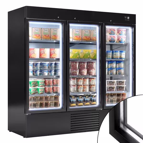 Commercial multideck display freezer - 2081mm - 2030L - with 3 hinged glass doors & 8 shelves - Black