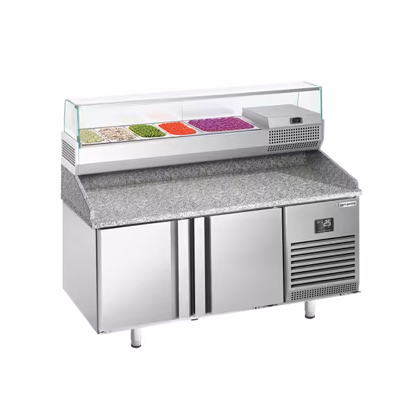 Profesionāls Picas galds PREMIUM PLUS - 1490x700 mm - ar 2 durvīm - ar granīta darba virsmu - ar augšējo aukstuma vitrīnu - 6x GN 1/4