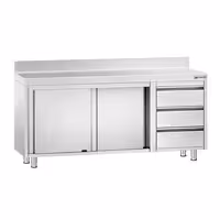 خزانة قاعدية ستانلس ستيل KOPENHAGEN PREMIUM - 1800x600mm - أبواب منزلقة، وحدة أدراج 3 يمين - مع حاجز خلفي
