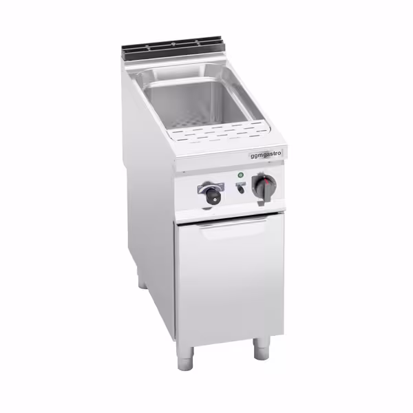 Elektromos ipari tésztafőző álló - 40 liter - 10 kW - leeresztőcsappal - alsó szekrénnyel, 2 ajtóval