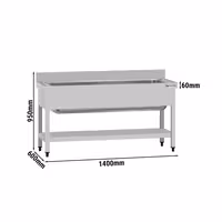 Grovdiskbänk i rostfritt stål ECO - 1400x600 mm - med underhylla - 1 ho mitten - extra djup ho - med stänkskydd