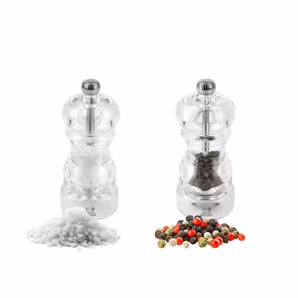 (12 pieces) PEUGEOT | NANCY Salt & Pepper Mill Set – Acrylic - 12 cm - Steel Salt & 2-Stage SS Pepper