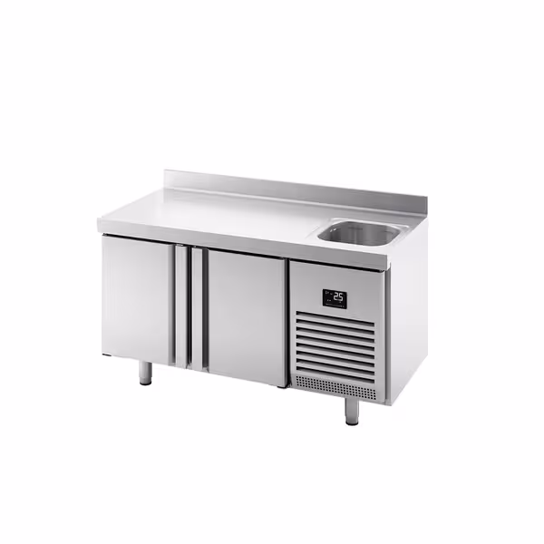 Külmtöölaud PREMIUM PLUS - 1468x700 mm - 305 l - ventileeritud jahutus - koos 2 uksega - roostevabast terasest tööpind, tagaservaga ja valamuga