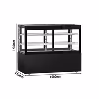 Commercial cake display fridge MADRID Self-Service - 530L - 1500mm - Double glazing - square - with 2 glass shelves - rear sliding doors - incl. night curtain - for patisserie - Black matt