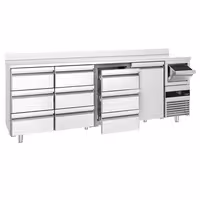 Hladilna miza za bar in pijače PREMIUM – 2690 x 600 mm – z 1 vrati, 9 predali, robom in posodico za kavo
