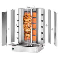 Gas Doner Kebab Grill (Shawarma/Gyros) - 5+5 Burner - up to 120kg - 32.5kW - Countertop - incl. 2 splash guards & 2 double doors