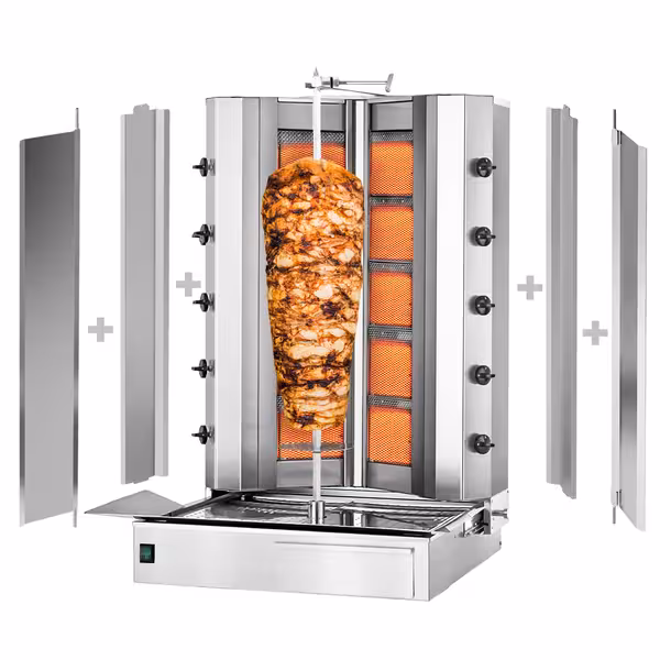 Gas Doner Kebab Grill (Shawarma/Gyros) - 5+5 Burner - up to 120kg - 32.5kW - Countertop - incl. 2 splash guards & 2 double doors