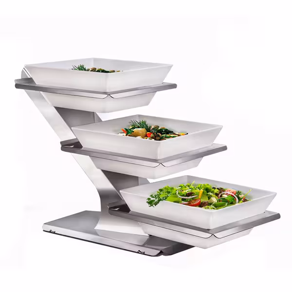 Etagere / Buffet Stand - 3-piece set - Stainless steel - Chrome high-gloss - square - Height: 480mm - incl. 3 Melamine bowls 300x300mm - with 3 shelves