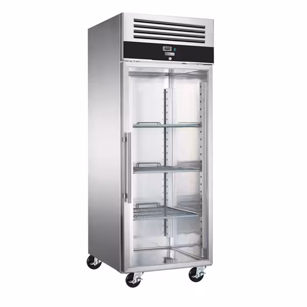 Szafa mroźnicza piekarnicza PREMIUM – stal nierdzewna – EN 600 x 800 – 662 L – z 1 drzwiami szklanymi, prowadnicami i rusztami