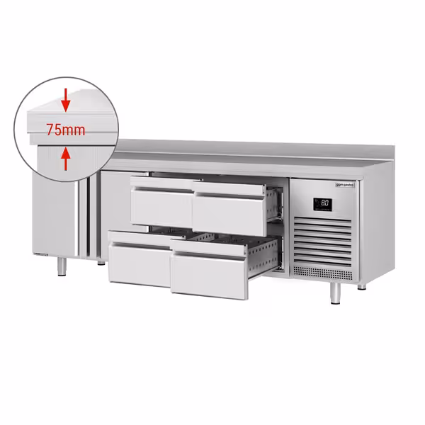 Rashladni pult PREMIUM PLUS - 2452x600 mm - 510 l - Ventilirano hlađenje - s 2 vrata - s 4 ladica - Podignuti rub
