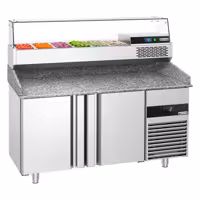Stół chłodniczy do pizzy PREMIUM - 1550x800mm - z blatem granitowym - 2‑drzwiowy - z nadstawką chłodniczą z osłoną szklaną - 6x GN 1/3