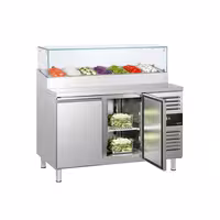 Stół przygotowawczy PREMIUM – 1360 mm – z 2 drzwiami – z nadstawką szklaną na 7x GN 1/3
