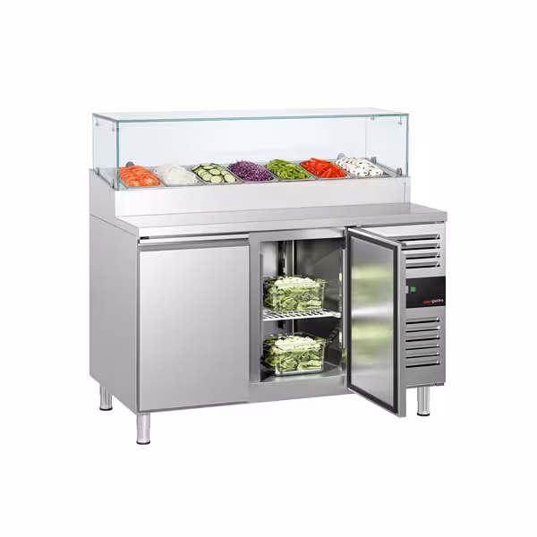 PREMIUM pripremni stol – 1360 mm – 2 vrata – s staklenom plohom – za 7 GN 1/3