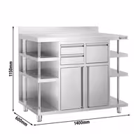 Radni ormarić – za aparat za kafu – 1400 x 600 mm – sa 2 krilna vrata, 2 fioke, metlom, 6 polica i odbojnim rubom