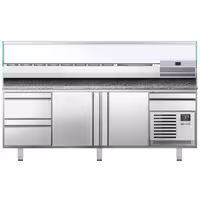 Table réfrigérée à pizza Premium PLUS - 2305 x 800 mm - avec 2 portes & 3 tiroirs - incl. vitrine réfrigérée de présentation - 10x GN 1/3