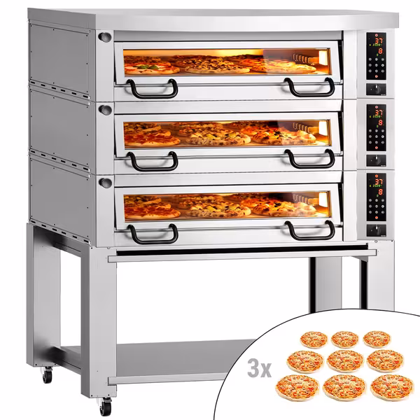Electric Deck Pizza Oven Power - Triple Deck - Refractory Stone Deck - 9+9+9 x Ø 34cm (13.4") - Digital Controls - up to 450°C - incl. Hood & Base frame