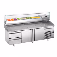 Table réfrigérée à pizza Premium PLUS - 2305 x 800 mm - avec 2 portes & 3 tiroirs - incl. vitrine réfrigérée de présentation - 10x GN 1/3