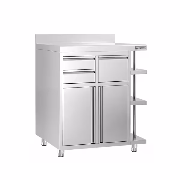 Çalışma dolabı - kahve makinesi için - 1000x600 mm - 2 kanatlı kapak, 2 çekmece, çöplük, 3 raf ve kenar çıkıntısı ile