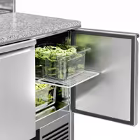 Stół chłodniczy sałatkowy PREMIUM – 903 mm – z 2 drzwiami – z nadstawką ze stali nierdzewnej na 5x GN 1/6