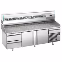 Table réfrigérée à pizza Premium PLUS - 2305 x 800 mm - avec 2 portes & 3 tiroirs - incl. vitrine réfrigérée de présentation - 10x GN 1/3
