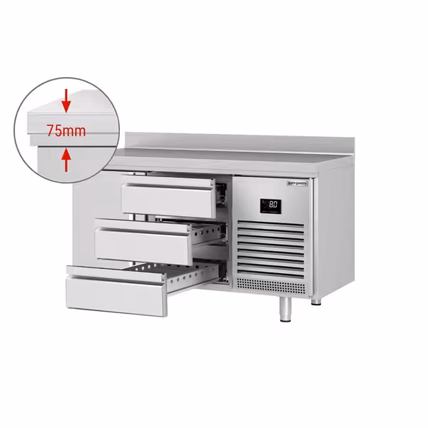 Rashladni pult PREMIUM PLUS - 1468x600 mm - 250 l - s 1 vrata - s 3 ladica - Ventilirano hlađenje - Podignuti rub