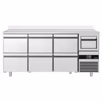 Stół chłodniczy barowy do napojów PREMIUM – 2130 x 600 mm – z 6 szufladami 1/2, rantem i odbijakiem do kawy