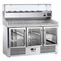 Pizzakylbänk ECO - 1400x700 mm - 3 glasdörrar - inkl. kylränna med glastopp - 6x GN 1/4