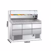 Commercial Pizza Prep Counter - Granite Top ECO - 1400x700mm - with 0 doors & 6 drawers 1/2 - incl. refrigerated topping unit with glass sneeze guard - 6x GN 1/4