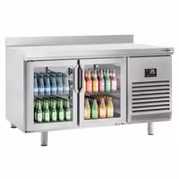 Stół chłodniczy barowy do napojów Premium PLUS – 1468 x 600 mm – z 2 drzwiami szklanymi i rantem