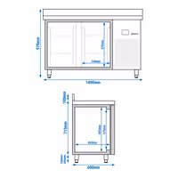 Rashladni pult PREMIUM - 1400x600 mm - 250 l - Ventilirano hlađenje - s 2 vrata - bez podignutog ruba