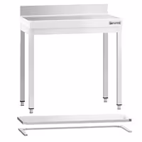 Rozsdamentes acél munkaasztal PREMIUM - 700x700 mm - alsó polccal & hátsó peremmel & lábösszekötővel