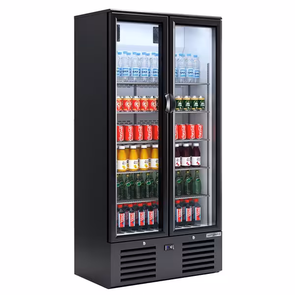 Vitrină frigorifică pentru băuturi - 900 mm - 435 litri - 2 uși din sticlă batante - control digital - temperatură +4/+12 °C - negru