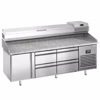 طاولة تحضير بيتزا مبردة PREMIUM PLUS - 1980x700 mm - مع باب واحد و 4 أدراج - سطح عمل جرانيت - شامل وحدة تبريد علوية - 9x GN 1/4