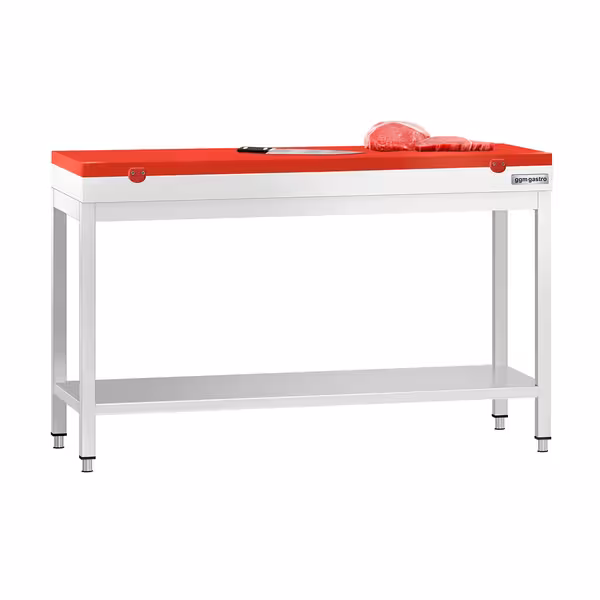 Arbetsbänk i rostfritt stål PREMIUM - 1400x600 mm - med underhylla - inkl. skärbräda röd