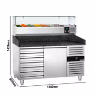 Pizzapult PREMIUM - 1500x800 mm - 1 ajtó + 7 fiók - feltéthűtővel üvegtetővel - 7x GN 1/4 - gránit munkalappal
