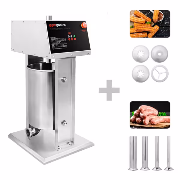Motorlu Sucuk / Sosis Dolum Makinesi & Churros / Tulumba Şekillendirme Makinesi - 25L - 180W - Paslanmaz Çelik - 4 Dolum Hunisi & 3 Churros Kalıbı Dahil
