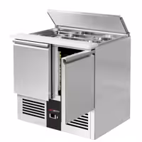 Stół chłodniczy sałatkowy PREMIUM – 903 mm – z 2 drzwiami – z otworem na 2x GN 1/1 i 3x GN 1/6 oraz pokrywą ze stali nierdzewnej