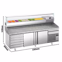 Table réfrigérée à pizza Premium PLUS - 2305 x 800 mm - avec 2 portes & 7 tiroirs - incl. vitrine réfrigérée de présentation - 10x GN 1/3