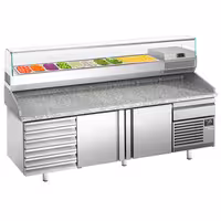Table réfrigérée à pizza Premium PLUS - 2305 x 800 mm - avec 2 portes & 7 tiroirs - incl. vitrine réfrigérée de présentation - 10x GN 1/3