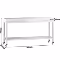 PREMIUM Edelstol-Aarbechtsdësch – 2000 x 600 mm – mat engem Basisregal a Rollen