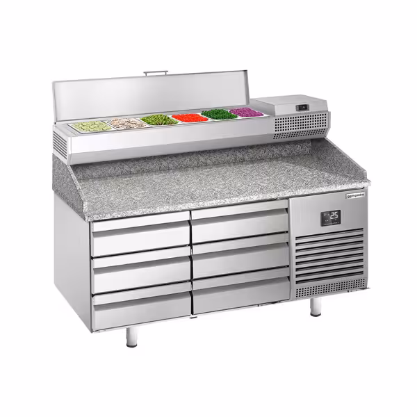 Stół chłodniczy do pizzy PREMIUM PLUS - 1490x700mm - z blatem granitowym - 6 szuflad - z nadstawką chłodniczą - 6x GN 1/4