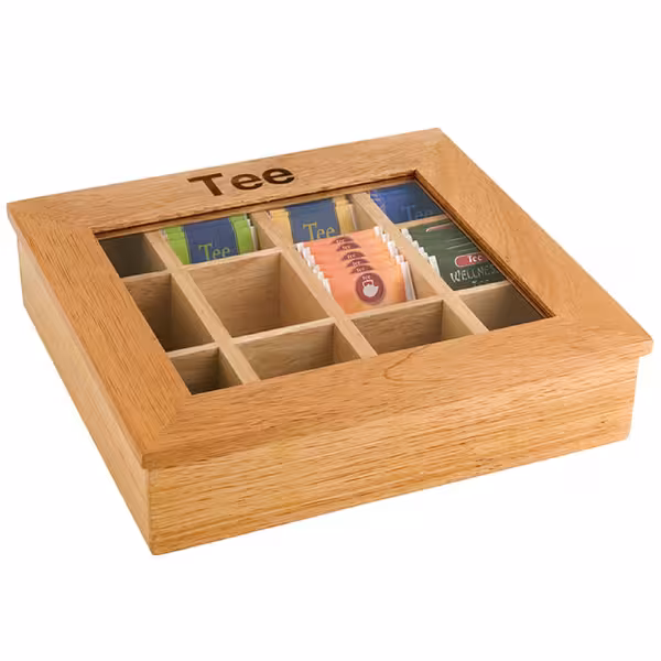 Téibox – Holz – 12 Fächer – mat Kuckfenster & Gravur – brong